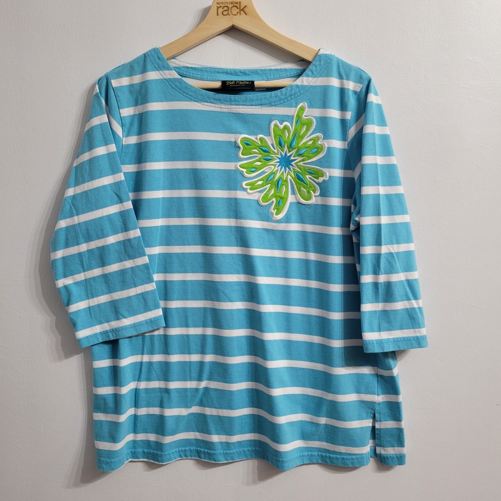 Bob Mackie Top Women L Blue Striped 3/4 Sleeve Embroidered Floral Wearable Art